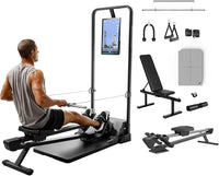 Man using a rowing machine with additional gym equipment on a white background
