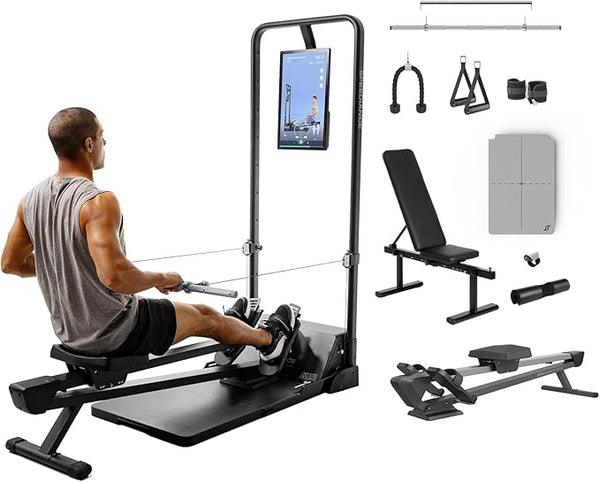 Man using a rowing machine with additional gym equipment on a white background