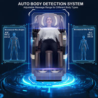 Massage chair with auto body detection system and adjustable massage range for different body types.