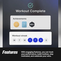 Screen showing 'Workout Complete' with achievements and workout streak on a dark background