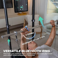 Person using a weightlifting bar with a digital display in a home setting