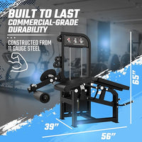 Gym machine with durability text and measurements on a blue and gray background