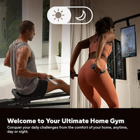 Two people exercising in a home gym with motivational text and interface elements.