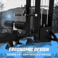 Gym machine with ergonomic design text overlay on a blue and black background