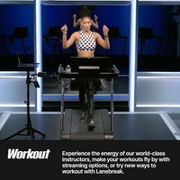 Woman exercising on a treadmill in a studio setting with promotional text about workout classes.