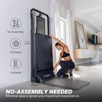 Woman using a portable exercise device in a home setting with features highlighted on the left.
