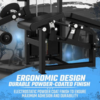 Black fitness machine with text highlighting ergonomic design and durable powder-coated finish.