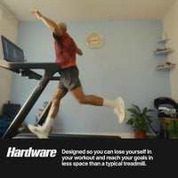 Person jumping off a treadmill in a room with shelves and a clock on the wall.
