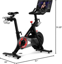 Black exercise bike with a screen and dimensions displayed