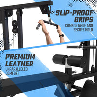 Gym equipment with slip-proof grips and premium leather, featuring text on comfort and design.