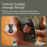 Person using a massage gun on their arm with text about industry-leading massage therapy.