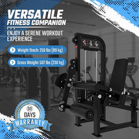 Fitness equipment with text highlighting weight capacity and warranty offer in a gym setting.