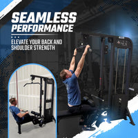 Person using a gym machine with text 'Seamless Performance' and 'Elevate your back and shoulder strength'.
