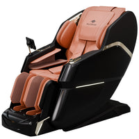 Massage chair with brown leather seats and black frame on a white background