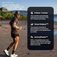 Man running on a beach with fitness app features displayed