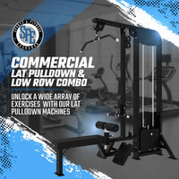 Commercial lat pulldown and low row combo machine with gym background
