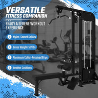 Fitness equipment with text highlighting features on a blurred gym background