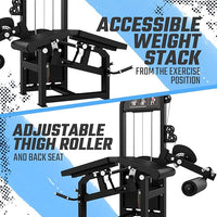 Gym equipment with text highlighting accessible weight stack and adjustable thigh roller.