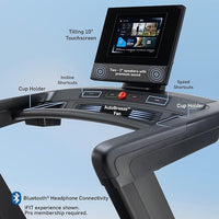 Treadmill with a tilting 10-inch touchscreen display on a blue background