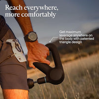 Person using a black device with text about comfort and leverage design in an outdoor setting.