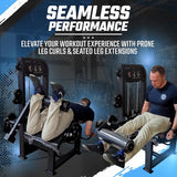 Two people using leg curl machines with promotional text about workout experience.