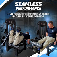 Two people using leg curl machines with promotional text about workout experience.