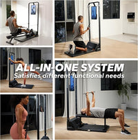 Collage of a person using an all-in-one fitness system in various poses.
