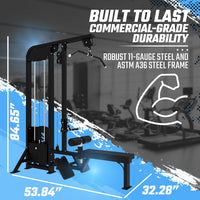Gym machine with text highlighting durability and specifications, set against a gym background.