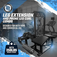 Leg extension and prone leg curl combo machine with text about home and commercial use and weight capacity.