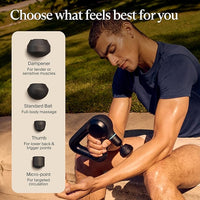 Person using a massage gun outdoors with product features displayed.