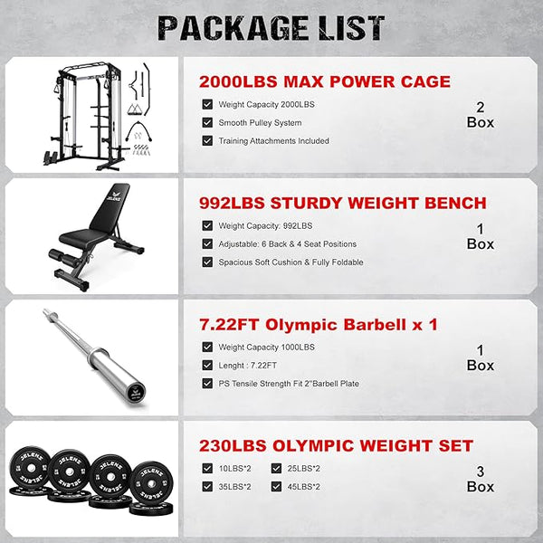 Power Cage, 2000LBS Multi-Function C21 Power Rack with Dual Pulley Cable Crossover System, All-in-One Squat Rack with More Training Attachments