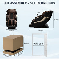 Massage chair with dimensions and packaging illustration on a light blue background