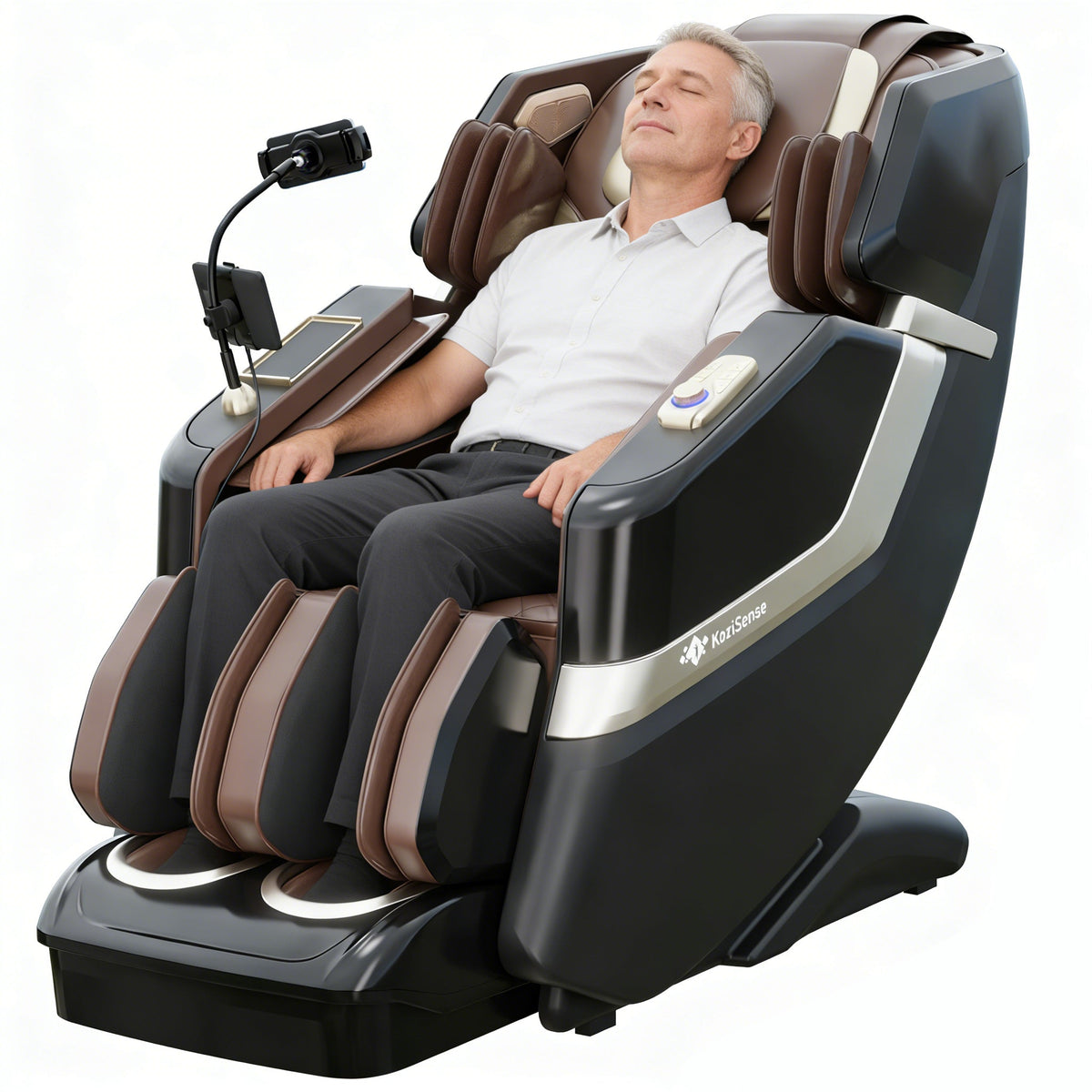 Man relaxing in a modern massage chair with a white background