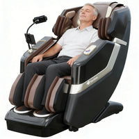 Man relaxing in a modern massage chair with a white background