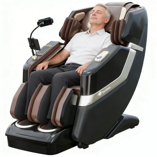 Man relaxing in a modern massage chair with a white background