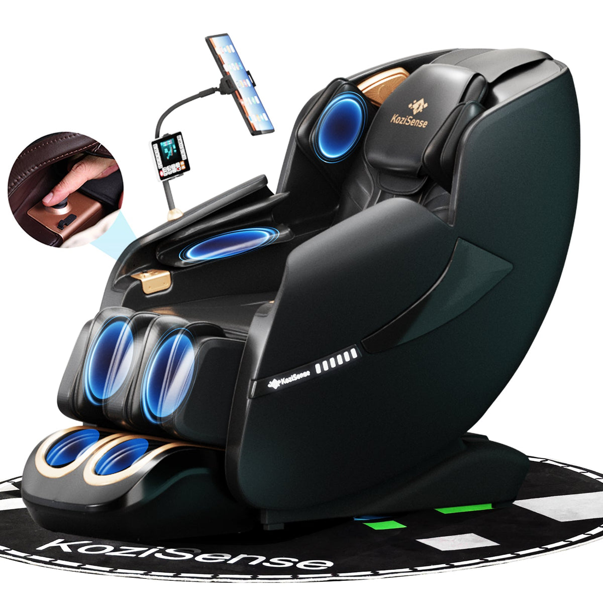 Black massage chair with blue lights and smartphone holder on a white background