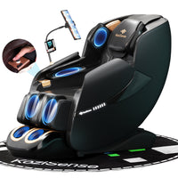 Black massage chair with blue lights and smartphone holder on a white background