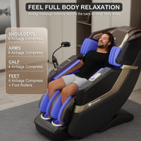 Man using a massage chair with airbag technology in a modern room.