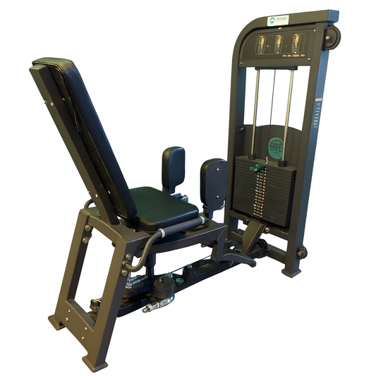 Gym machine with green seat and black frame on a white background