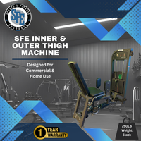 SFE Inner & Outer Thigh Machine in a gym setting with promotional text and branding.