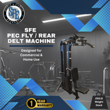Gym machine with SFE branding and text about pec fly/rear delt machine.