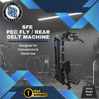 Gym machine with SFE branding and text about pec fly/rear delt machine.