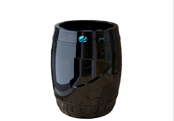Black cylindrical container with a reflective surface on a white background