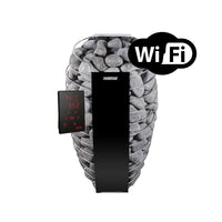 Smart sauna stones bucket with digital display and WiFi symbol on a white background