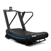 Curved treadmill with digital display on a white background