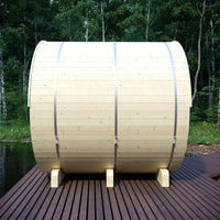Wooden barrel on a wooden platform with a forest background