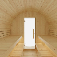 Wooden sauna with a clear glass door