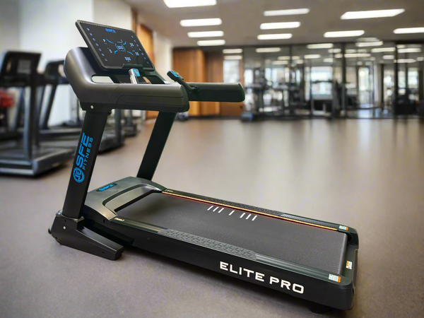 Treadmill with 'Elite Pro' branding in a gym setting