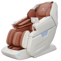 Massage chair with brown seats and white base on a white background