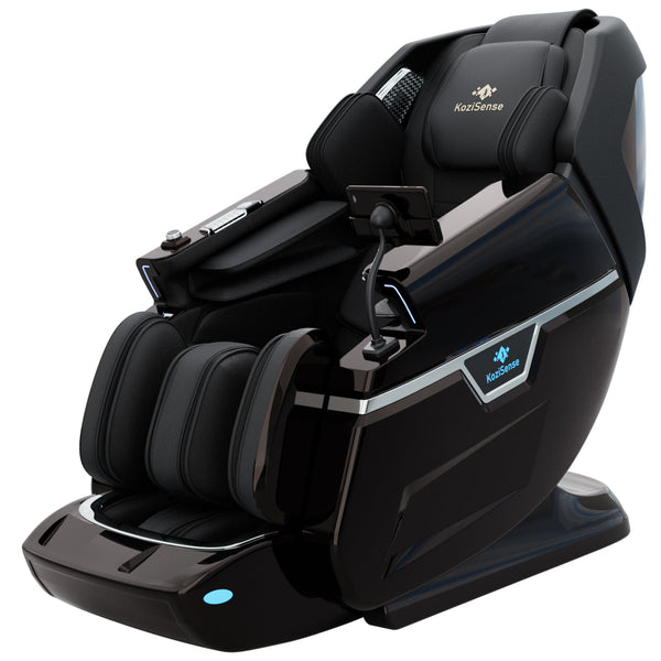 Black massage chair with Kazamise logo on a white background